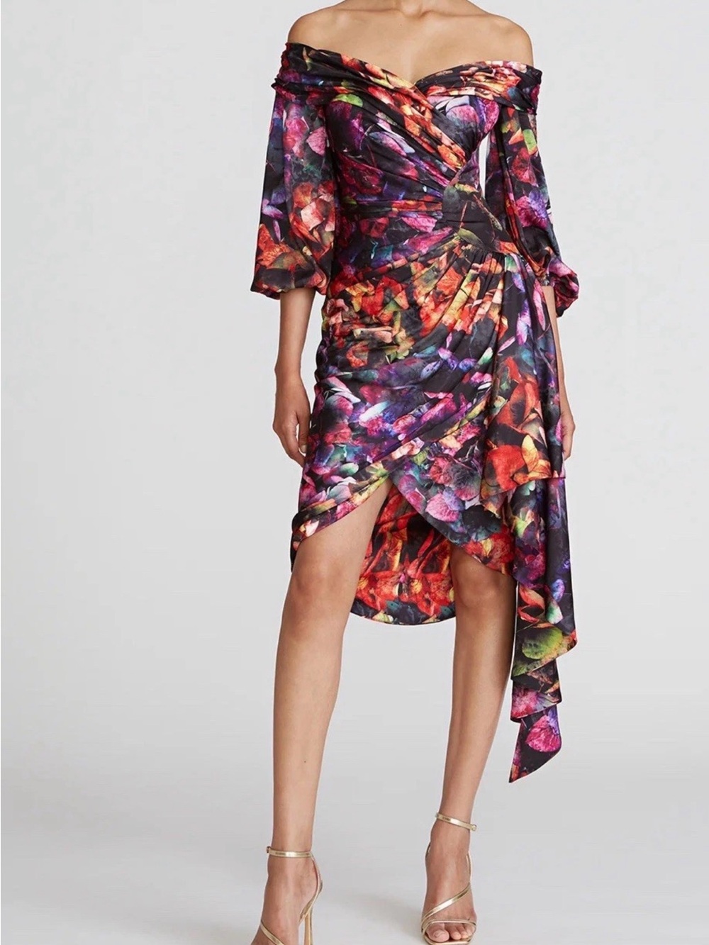Theia Marion Off Shoulder Floral Cocktail Midi Dress Satin Prism Petals 2